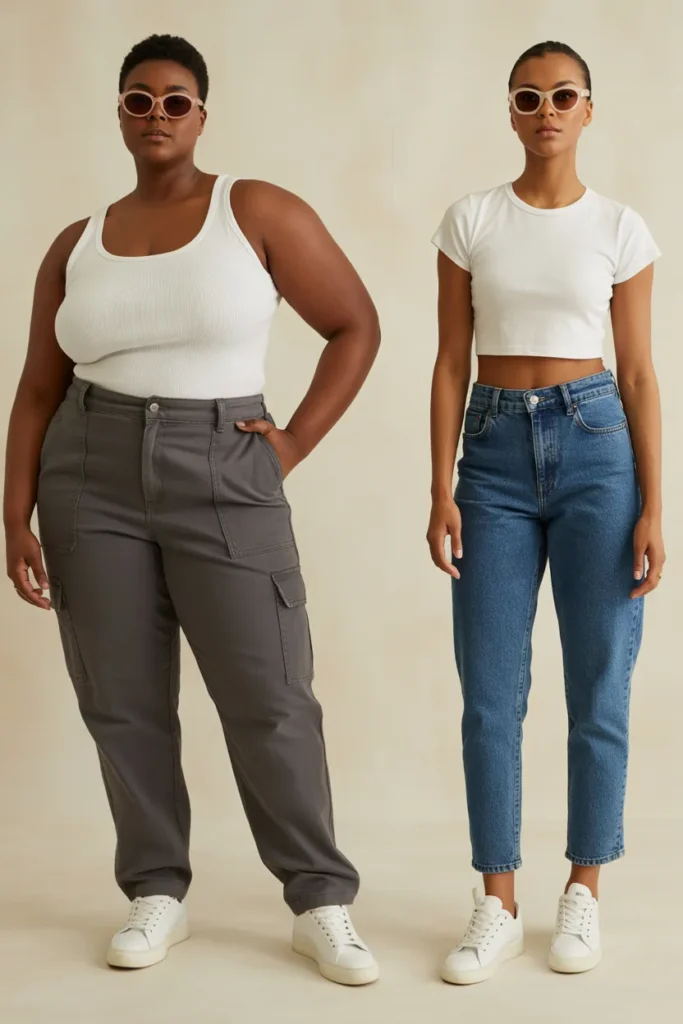 Plus size and petite styling for tinted sunglasses Y2K with white tee and modern jeans