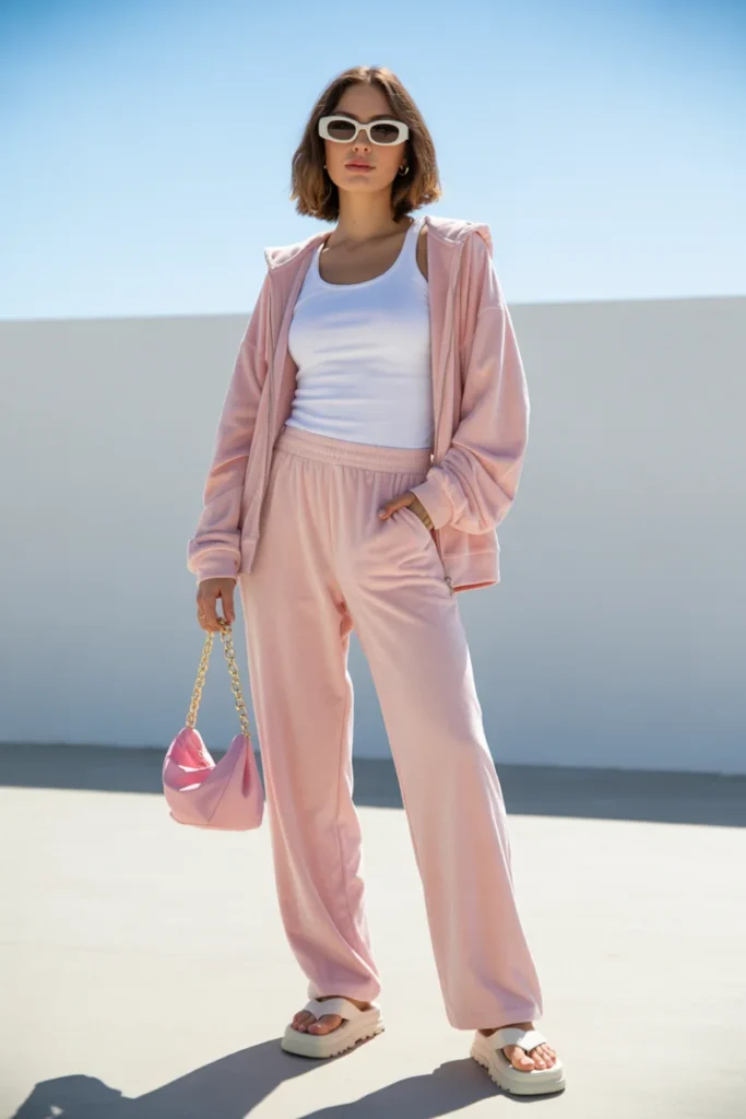  Recreate Paris Hilton Juicy Couture 2000s look with pastel velour tracksuit and platform flip-flops