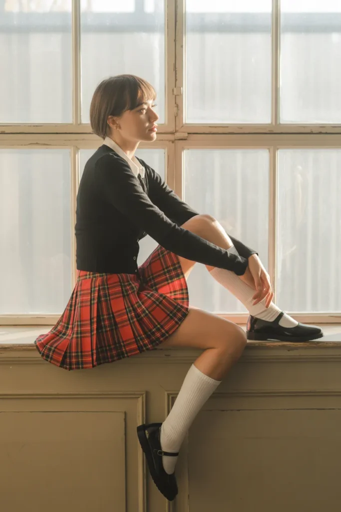 Red plaid pleated mini skirt outfit with cardigan and knee high socks Y2K schoolgirl style