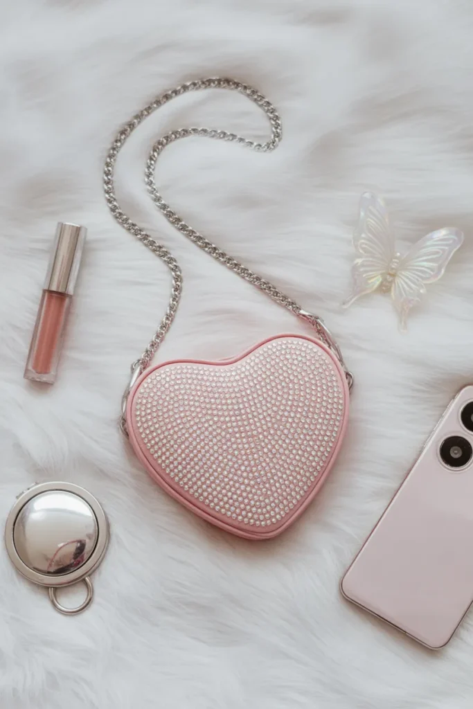 Rhinestone mini shoulder bag Y2K accessory flat lay under $25