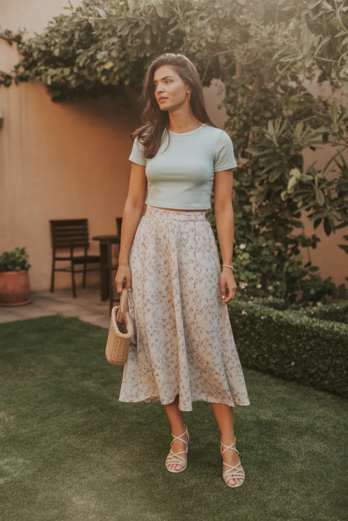 Romantic baby tee outfit paired with a floral midi skirt and strappy sandals for a feminine Y2K look