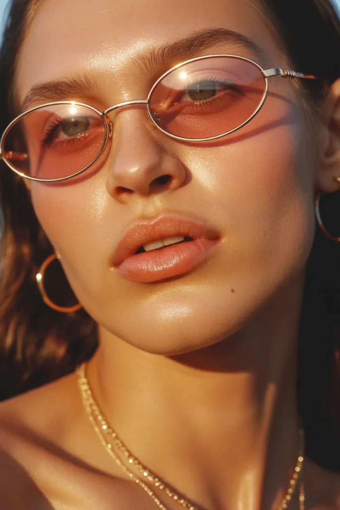 Rose-tinted oval sunglasses with glossy lips and chain necklace in a Y2K beauty close-up portrait