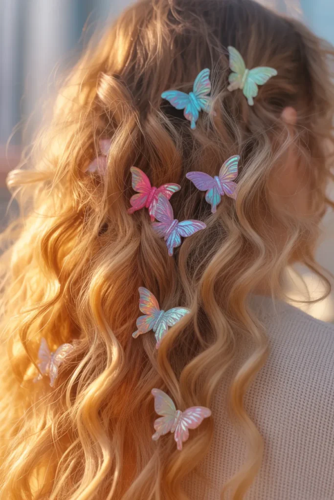 Scattered butterfly clips on loose wavy hair in a trendy Y2K hairstyle look