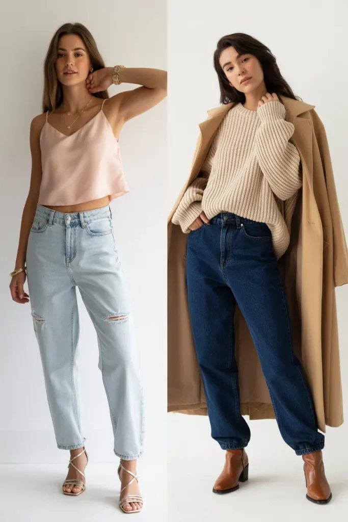 Seasonal baggy jeans outfit ideas showing spring look with cropped cami and fall look with chunky sweater trench coat and ankle boots