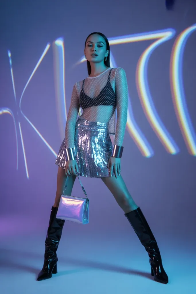 Sheer mesh top layered with sequin mini skirt for a futuristic Y2K party outfit