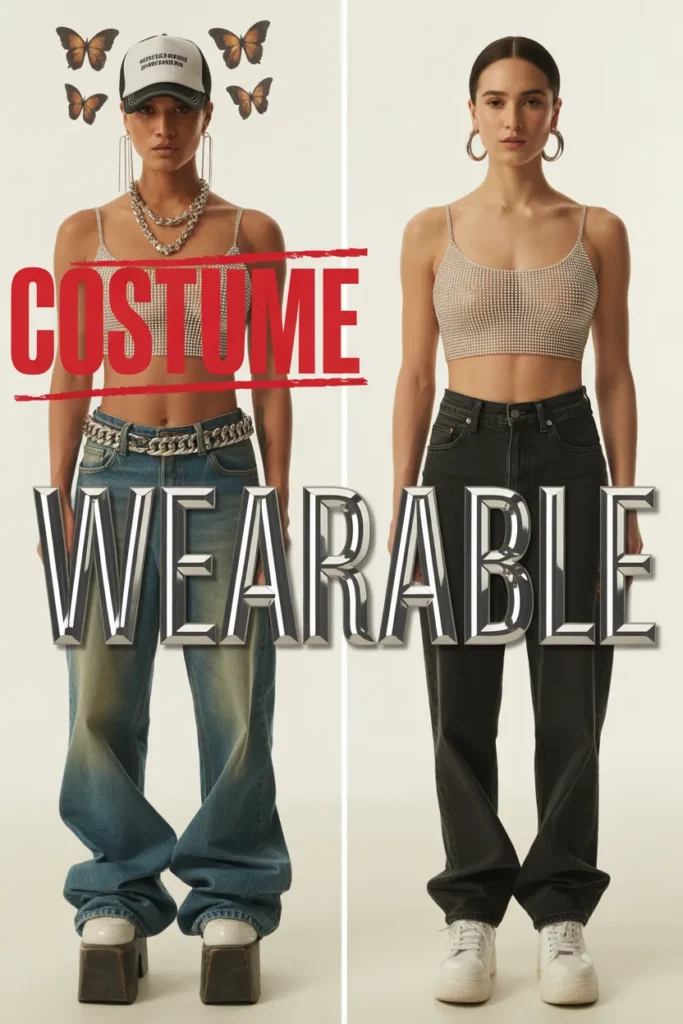 Side-by-side comparison of costumey vs wearable Y2K crop top outfit styling for 2026.