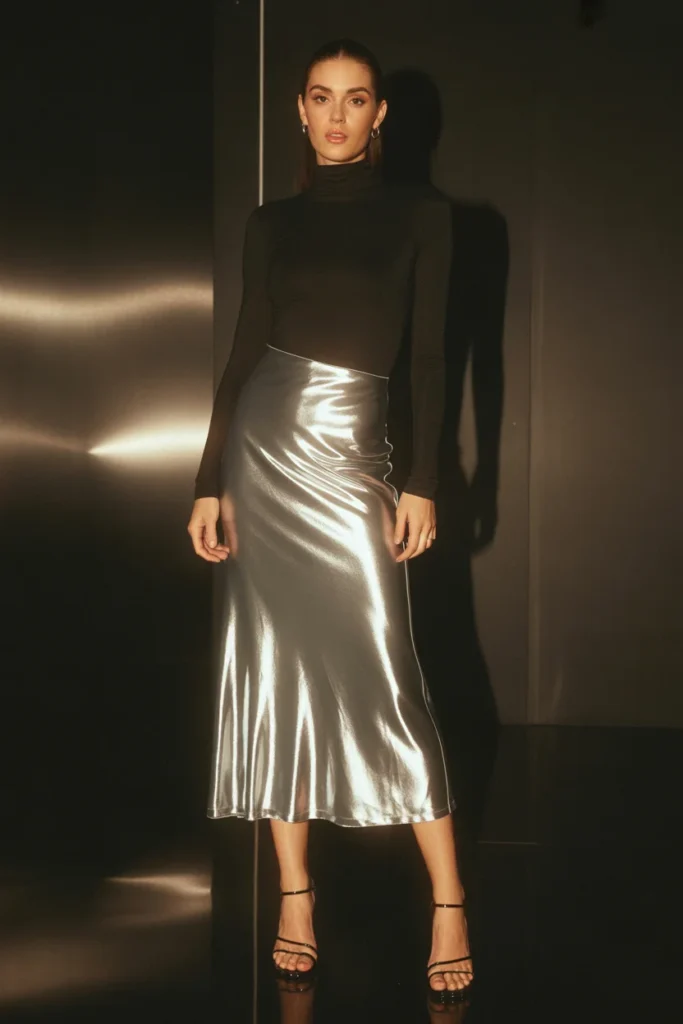 Silver metallic slip skirt with black turtleneck and strappy heels in a chic early 2000s party outfit