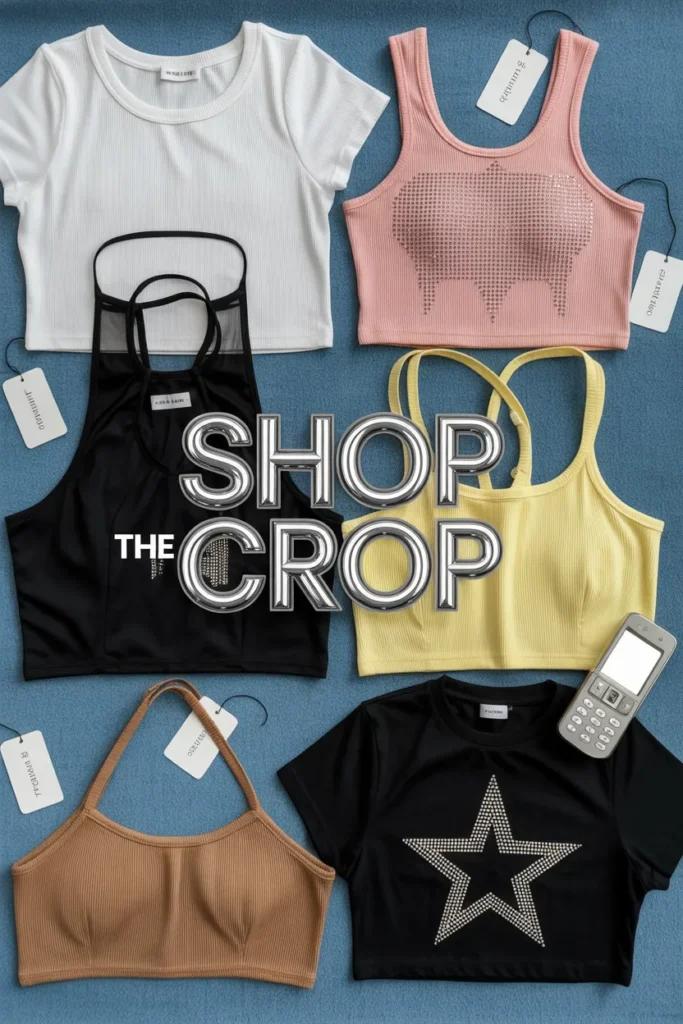 Six Y2K crop top styles in a shopping grid white baby tee, pink rhinestone, black mesh, yellow cami, brown halter, star print.