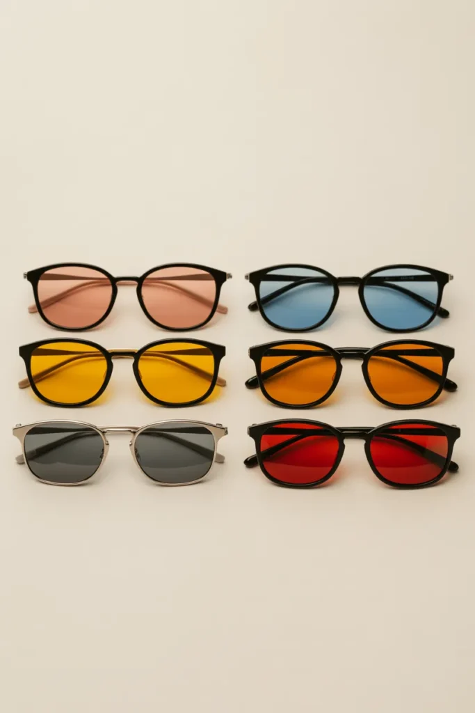 Six pairs of tinted sunglasses Y2K colors including pink blue yellow amber chrome and red on cream background