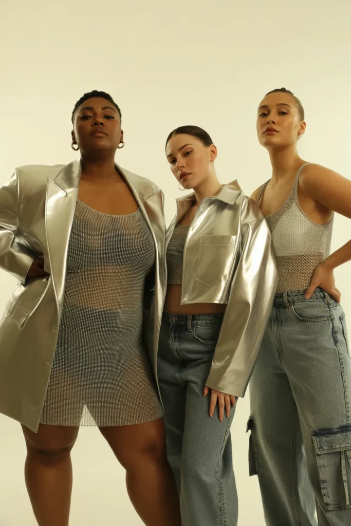 Size-inclusive metallic Y2K fashion looks on plus-size, petite, and mid-size models.