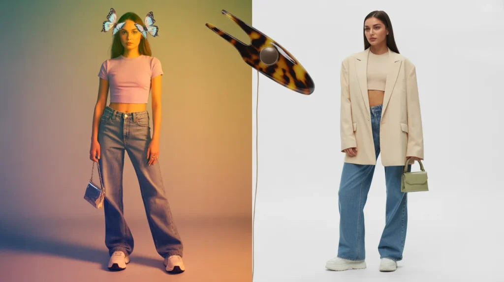 Split comparison of original 2000s Y2K fashion versus modern 2026 Y2K revival styling showing how low-rise jeans, baby tees, and accessories have been updated — Y2K fashion comeback then versus now styling guide