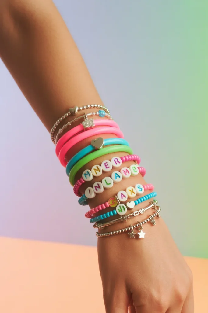 Stacked Y2K jelly bracelets and beaded name bracelets in bright colors for a playful early 2000s look