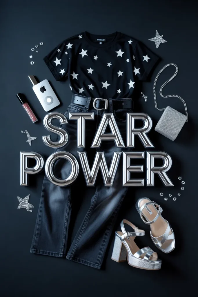 Star print crop top Y2K outfit flat lay with bootcut jeans, silver platforms, and chain belt on black background.