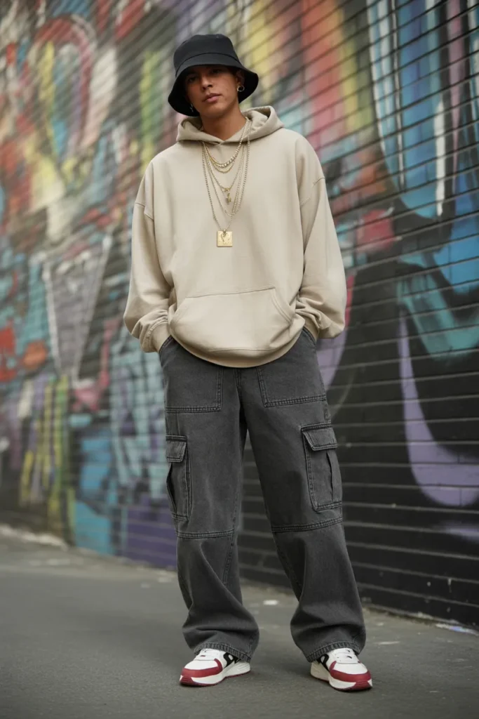 Streetwear baggy jeans outfit idea with oversized hoodie bucket hat retro sneakers and gold chains