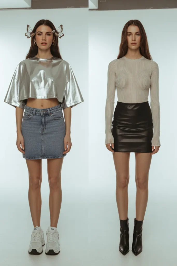 Styling comparison of balanced versus unbalanced mini skirt outfits 2000s style