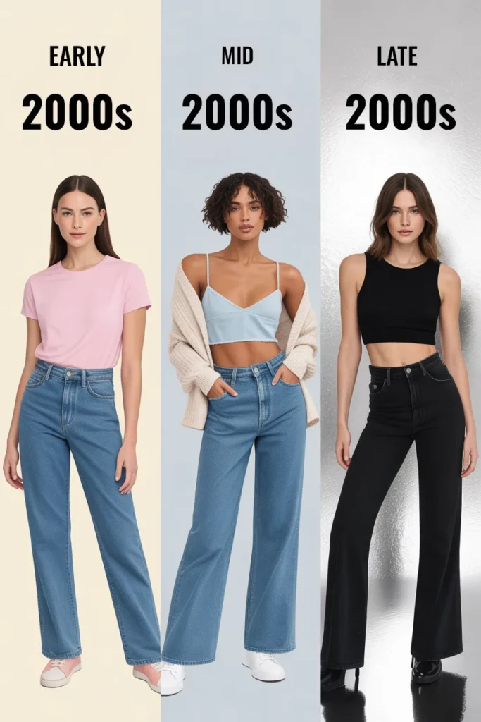 Three Y2K crop top eras compared side by side early 2000s baby tee, mid-2000s layered cami, late 2000s cropped tank.