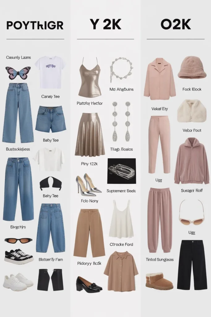 Three Y2K outfit formulas comparing casual party and cozy styling combinations