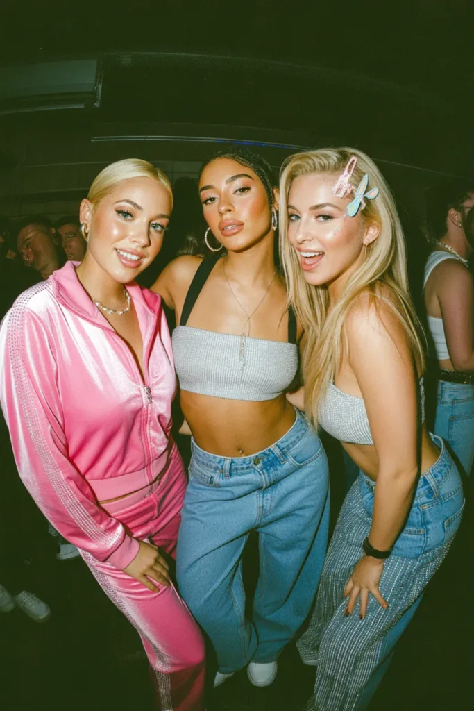 Three friends wearing 2000s celebrity outfits inspired by Paris Hilton, Aaliyah, and Britney Spears