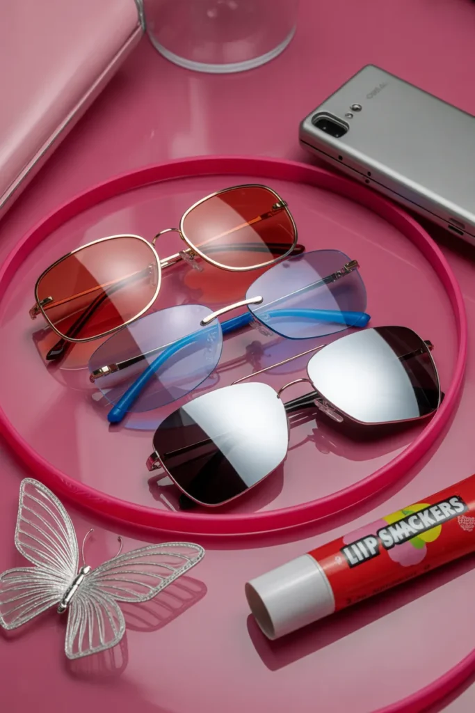Three pairs of tinted sunglasses Y2K style on pink background with butterfly clip and flip phone
