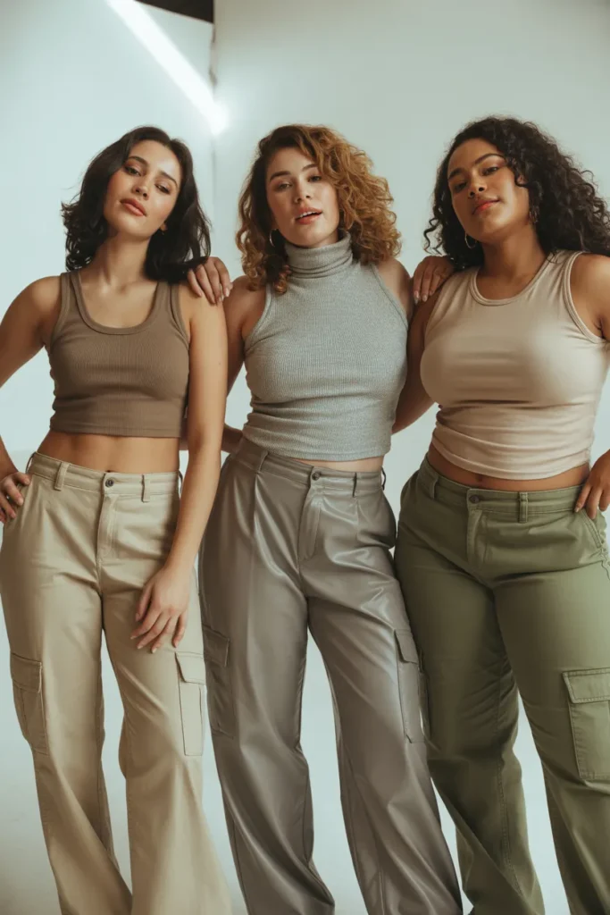 Three women of different body types styling Y2K cargo pants outfits