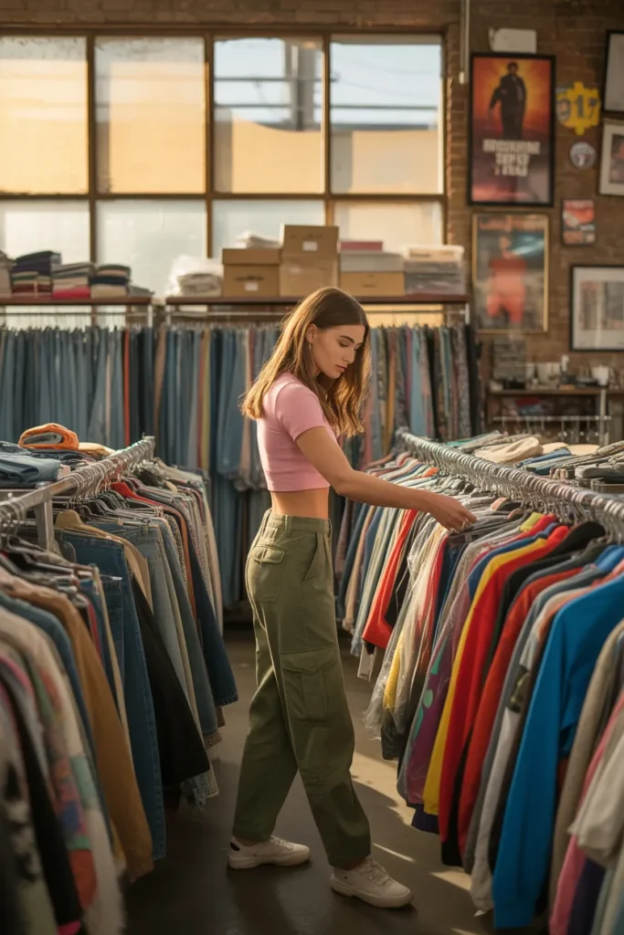 Thrift shopping for authentic Y2K streetwear pieces in vintage store