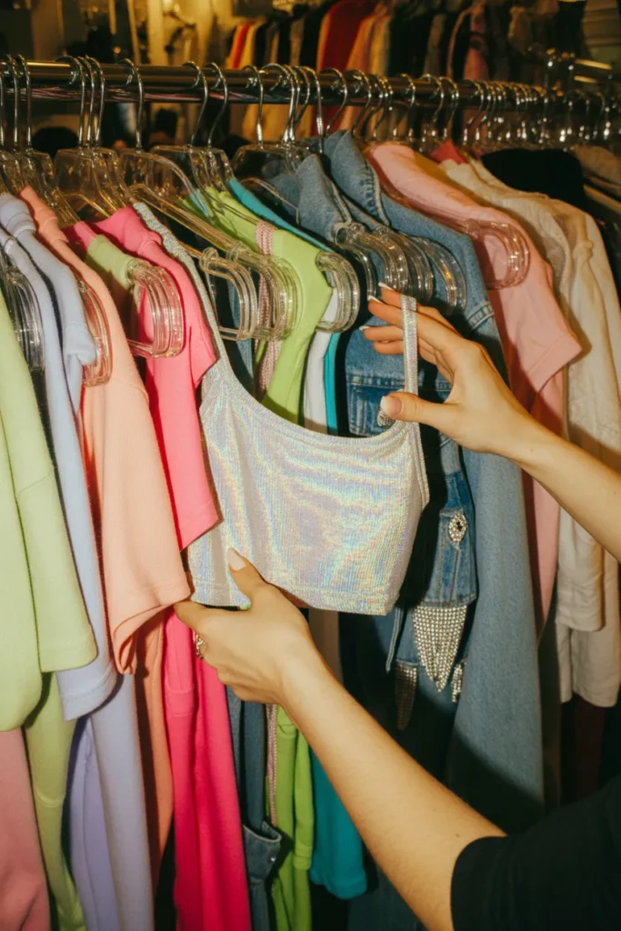 Thrift store shopping for affordable Y2K fashion pieces including baby tees and denim jackets
