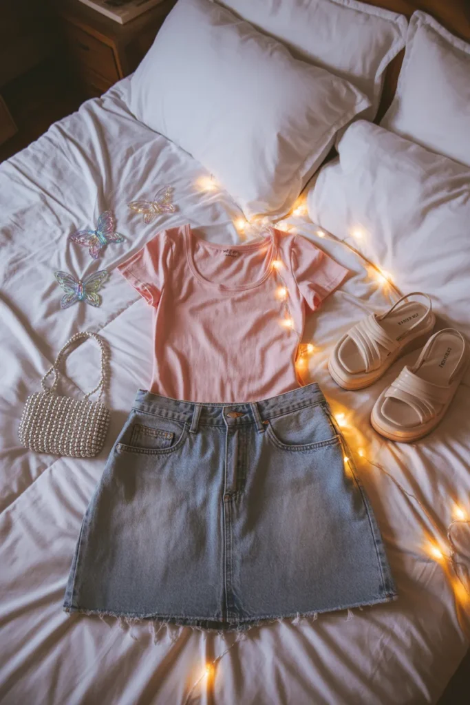 Thrifted Y2K wardrobe haul on a bed including baby tee denim skirt and butterfly clips