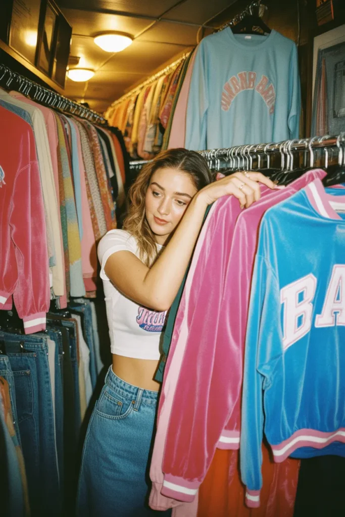 Thrifting for authentic 2000s celebrity outfit inspired pieces at a vintage store
