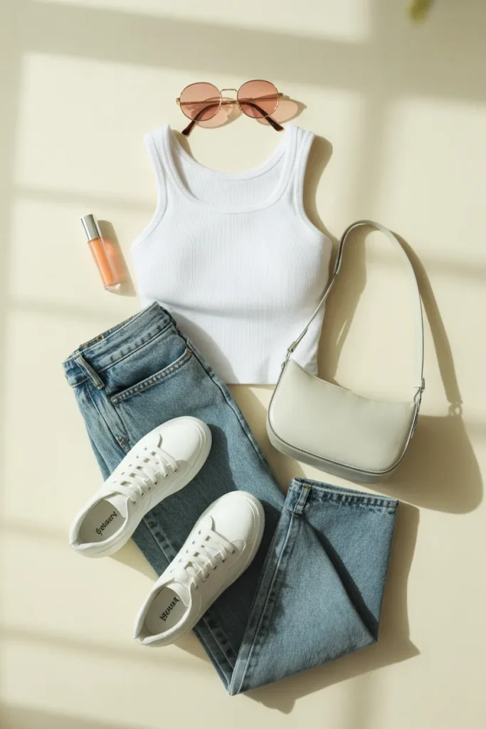 Tinted sunglasses Y2K outfit flat lay with white tank low rise jeans and sneakers