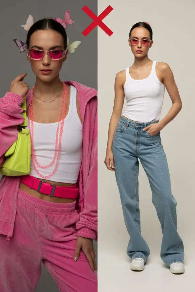 Tinted sunglasses Y2K styling do and don't comparison costume vs modern wearable