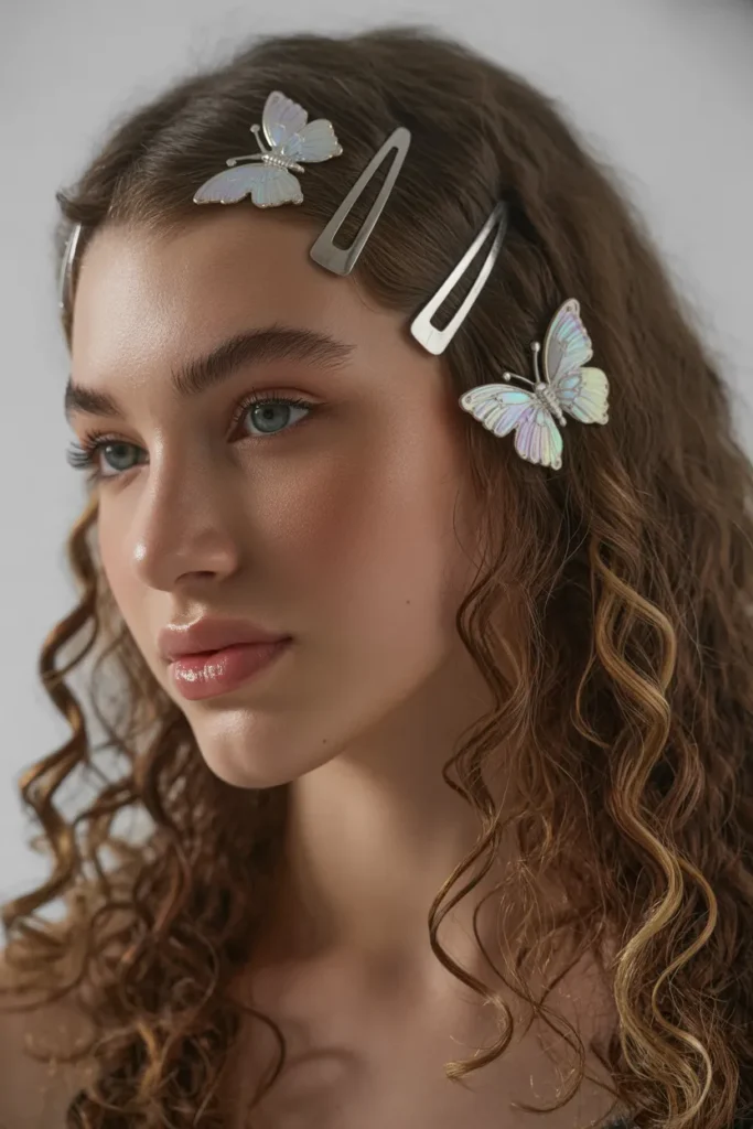 Twisted front sections butterfly clips hairstyle with flowing curls Y2K inspired
