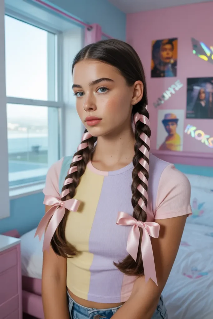 Two Dutch braids Y2K hairstyle with pink ribbon ties on brown hair in 2000s aesthetic