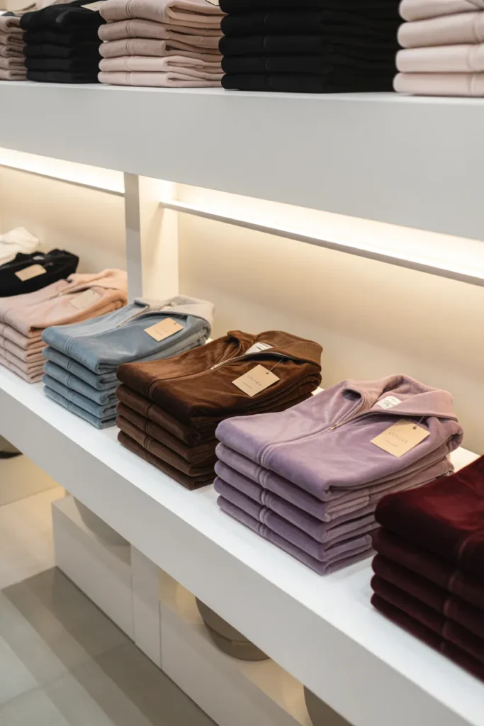  Velour tracksuits in various colors displayed in a boutique shopping guide