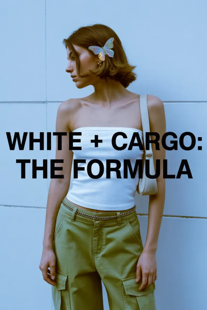 White Y2K crop top with olive cargo pants, chain belt, and butterfly hair clip against baby blue wall.