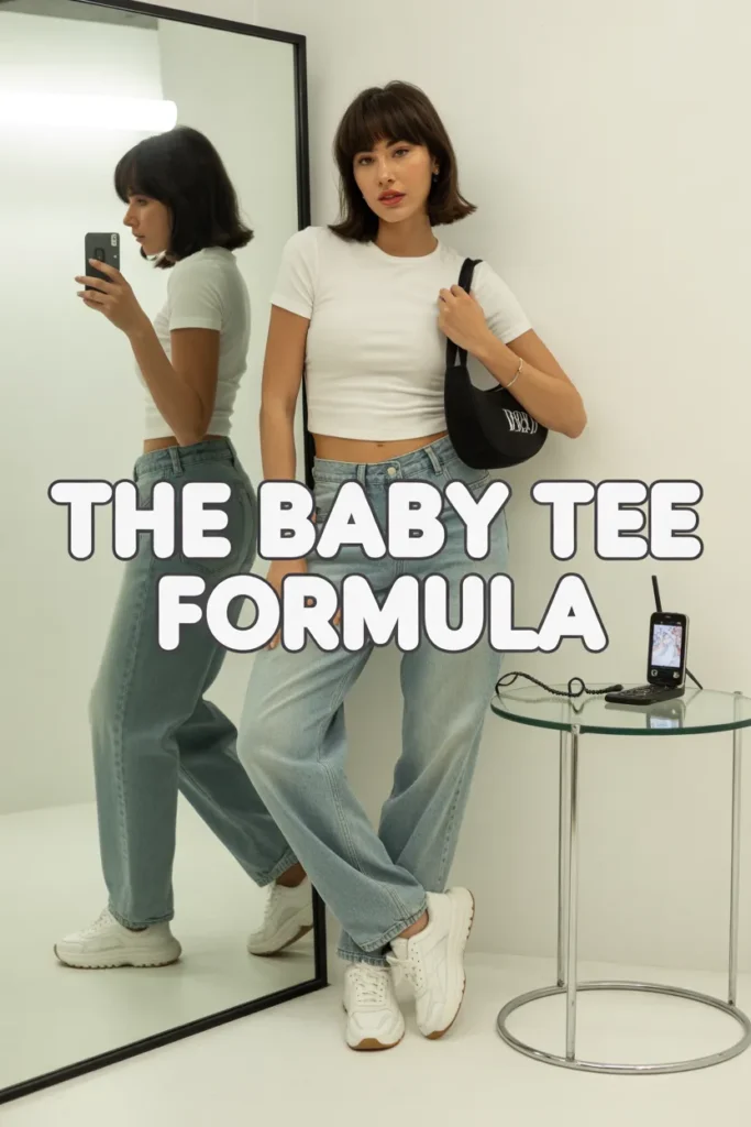 White baby tee outfit with baggy jeans and white sneakers, classic Y2K crop top look for 2026.