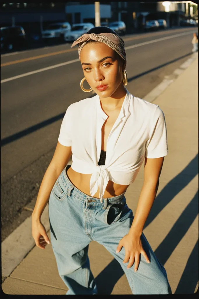Woman recreating Aaliyah's 2000s celebrity outfit with baggy jeans and white crop top