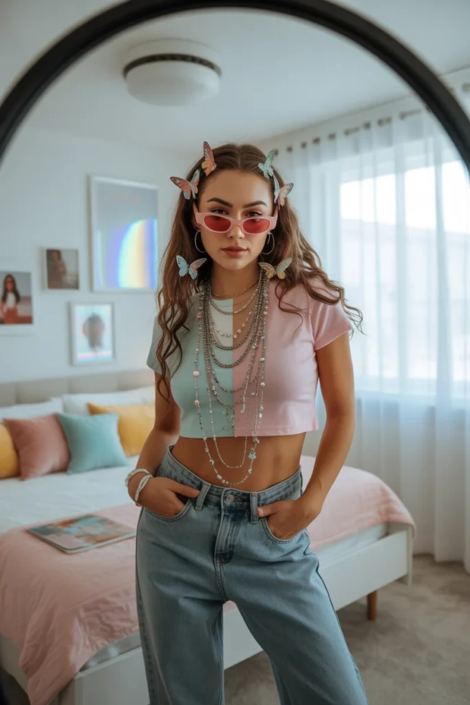 Woman styling Y2K accessories including tinted pink sunglasses and butterfly clips in a modern bedroom setting