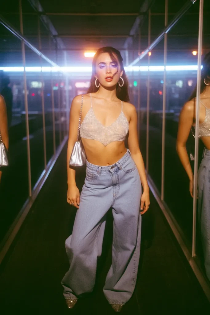 Woman wearing rhinestone bralette and low-rise jeans — classic Y2K party outfit idea
