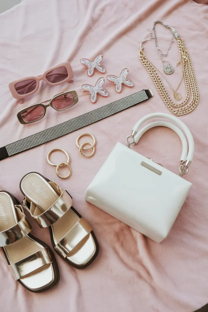 Y2K accessories flat lay for velour tracksuit outfits with sunglasses and butterfly clips