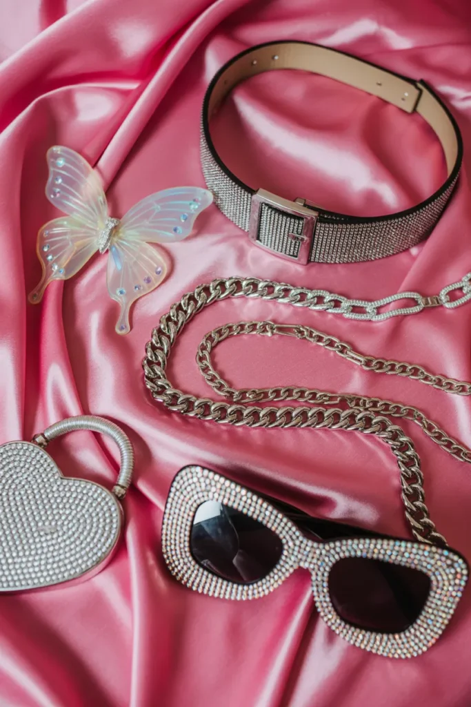 Y2K accessories flat lay with butterfly clips rhinestone belt and heart bag for 2000s outfits