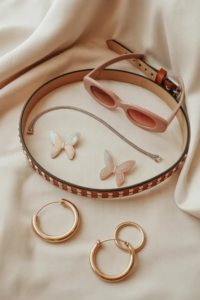Y2K accessories flat lay with studded belt belly chain butterfly clips and hoop earrings