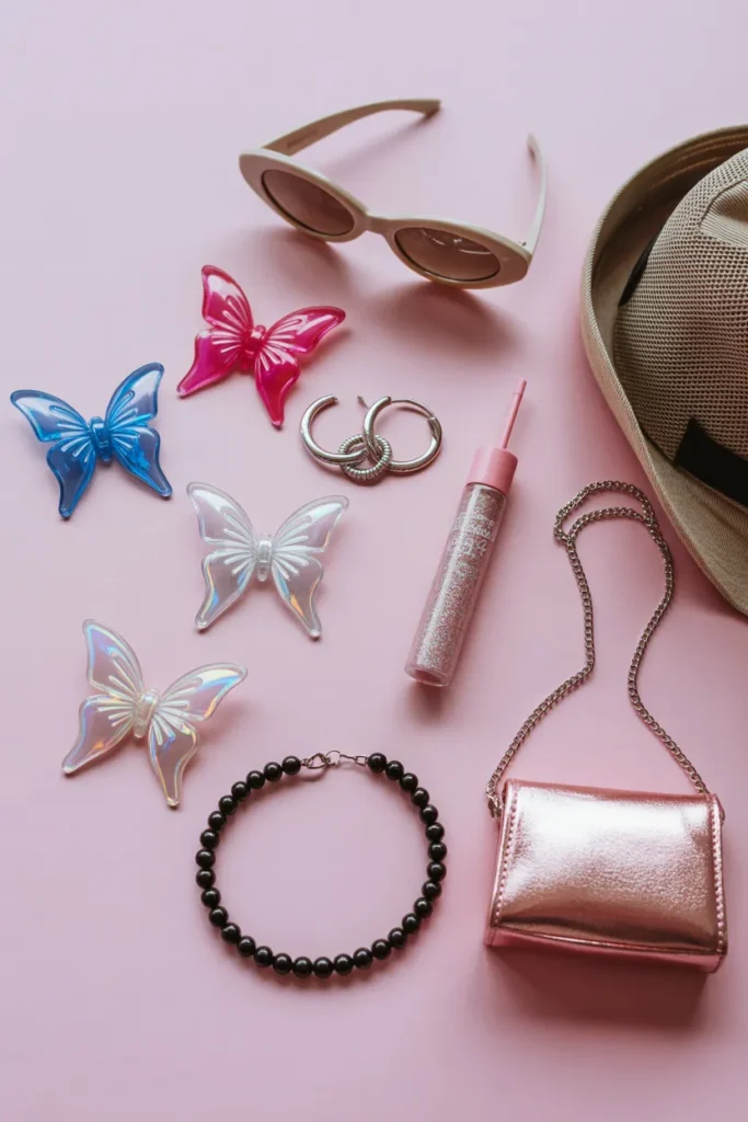 Y2K accessories flatlay for recreating Britney Spears outfits with butterfly clips and hair accessories