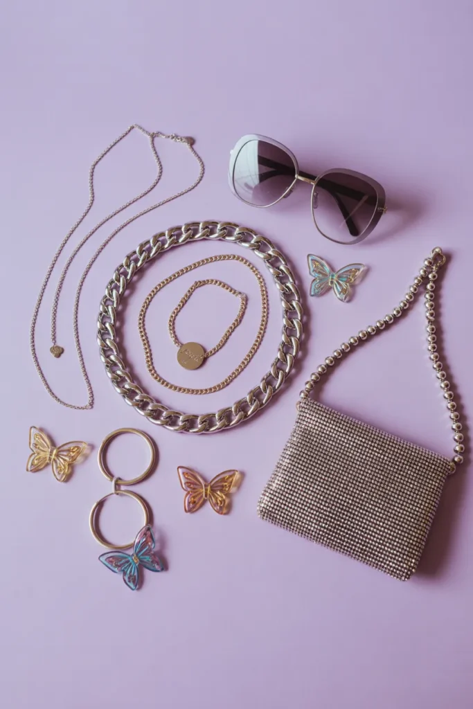 Y2K accessories for baggy jeans outfit including chain belt layered gold necklaces tinted sunglasses butterfly clips and mini bag
