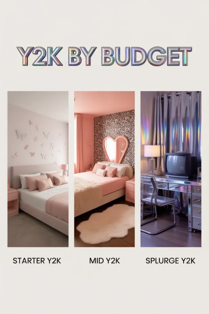 Y2K aesthetic bedroom comparison by budget, from starter under $50 to splurge over $300.