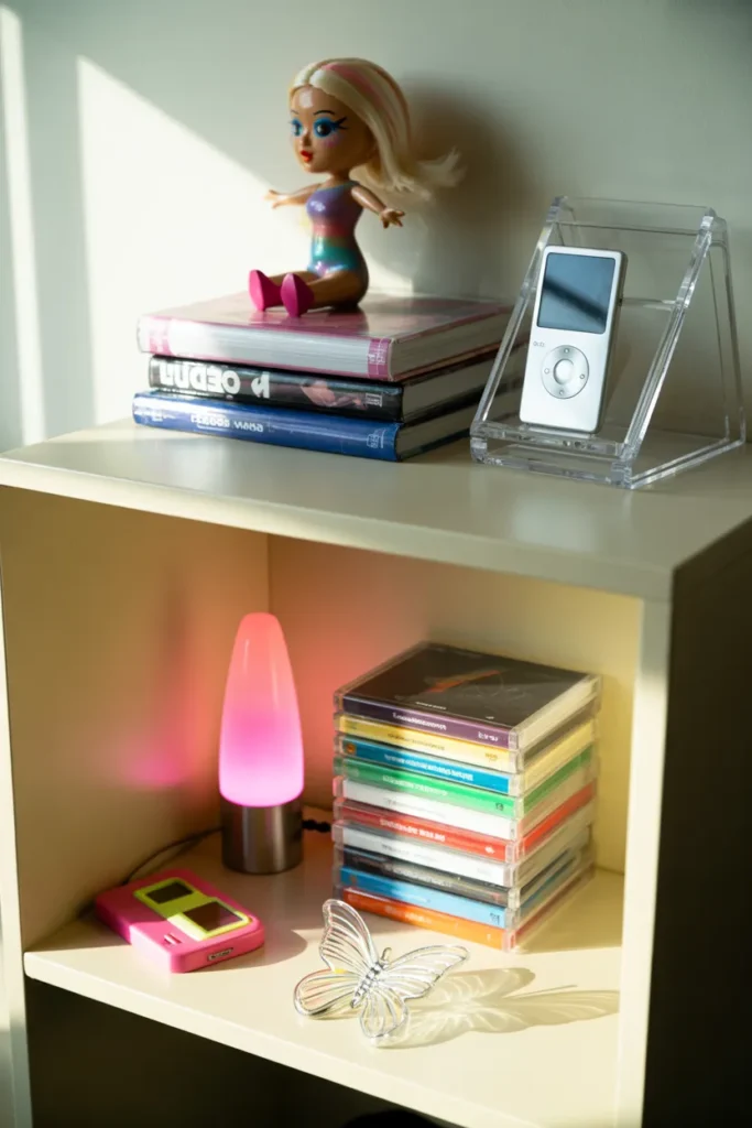 Y2K aesthetic bookshelf styled with Bratz doll, lava lamp, CDs, and iPod nano.