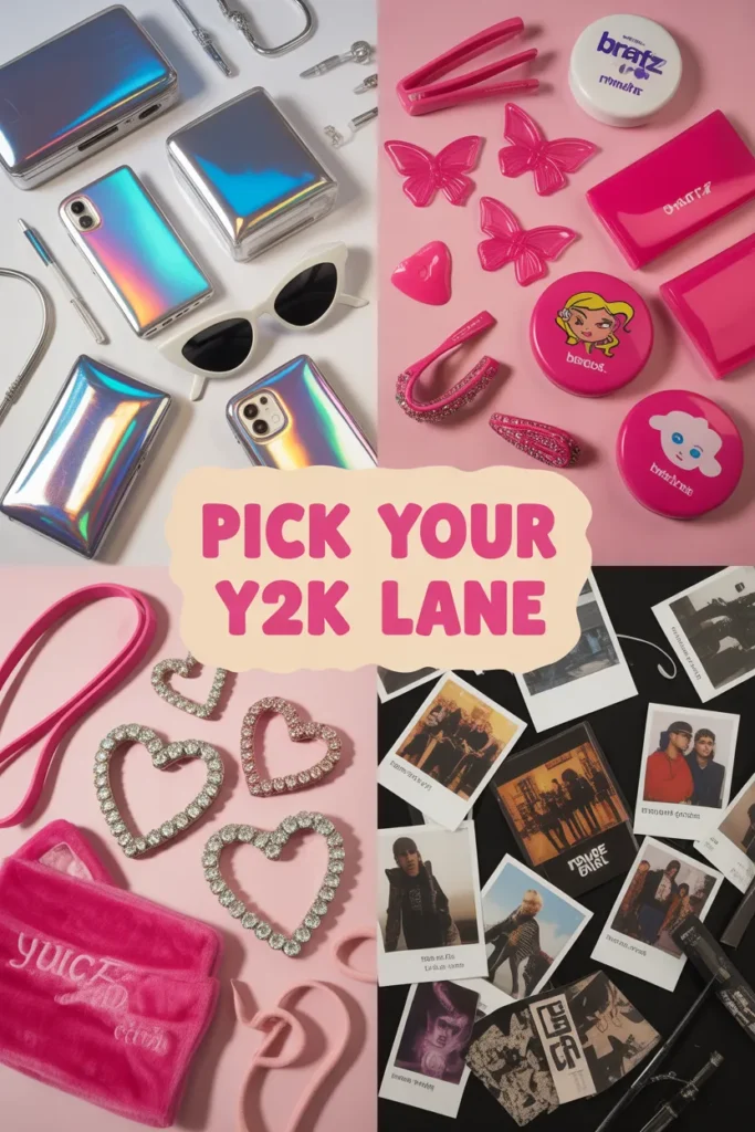Y2K aesthetic mood board showing cyber, candy, McBling, and grunge Y2K bedroom decor styles side by side.