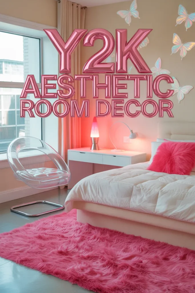 Y2K aesthetic room decor with inflatable chair, butterfly wall decals, and chrome accents in a pink bedroom.