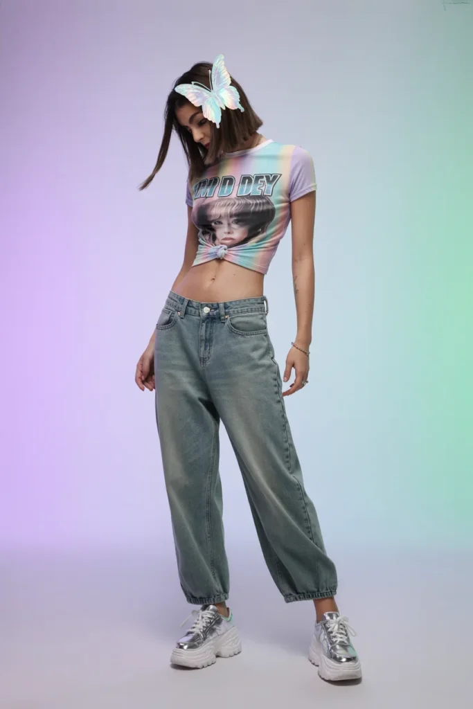 Y2K baby tee outfit with low-rise baggy jeans and platform shoes featuring a butterfly hair clip