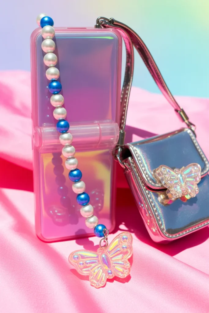 Y2K beaded phone strap and colorful bag charm accessories styled with a mini shoulder bag