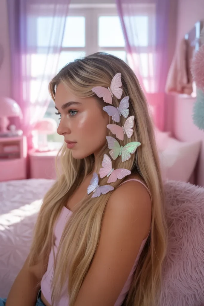 Y2K butterfly clip hairstyle half up half down look on long straight blonde hair